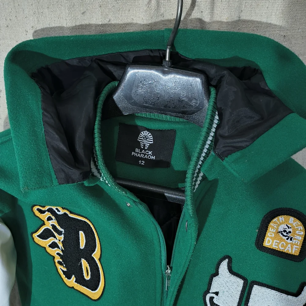 Black Pharoah Boy s Varsity Jacket Green & White W/Hood & Graphics / Patches